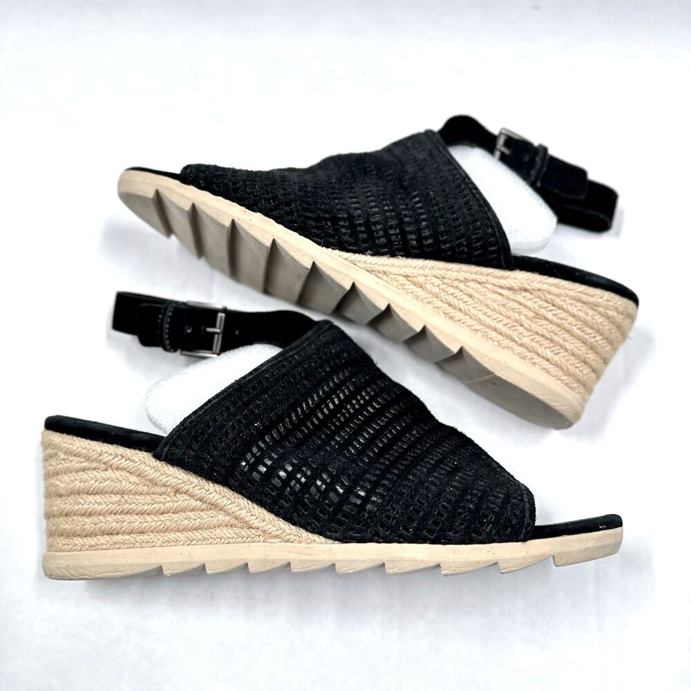 Eileen Fisher Espadrille Sandals 9 Aura Black Suede Mesh Slingback Wedge Shoes